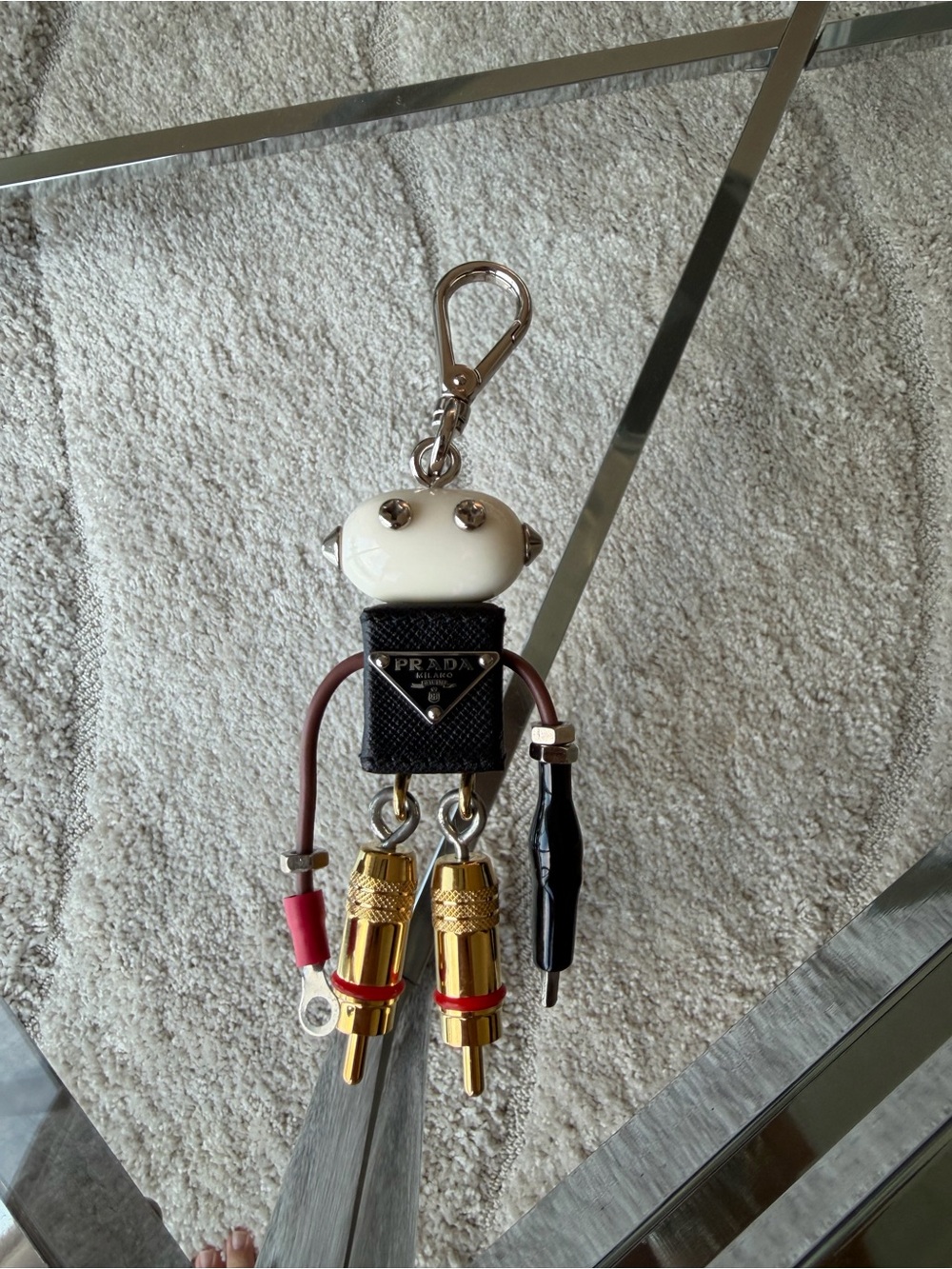 Prada Black Saffiano Leather Robot Charm with White Head & Gold Hardware
